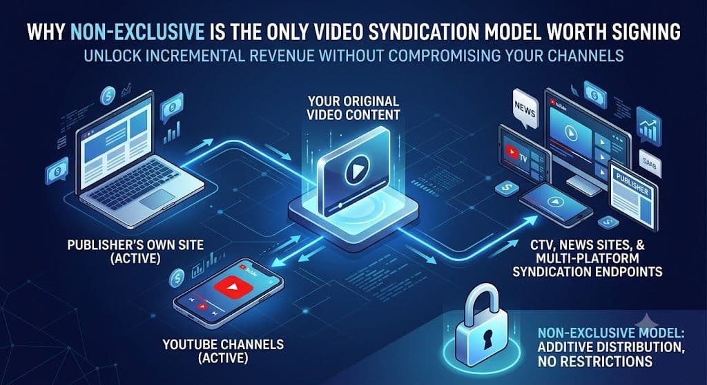 Diagram of a single video clip distributing to multiple platforms — the publisher's own site, YouTube, CTV, and syndication endpoints — with all original channels staying active, illustrating non-exclusive video syndication.