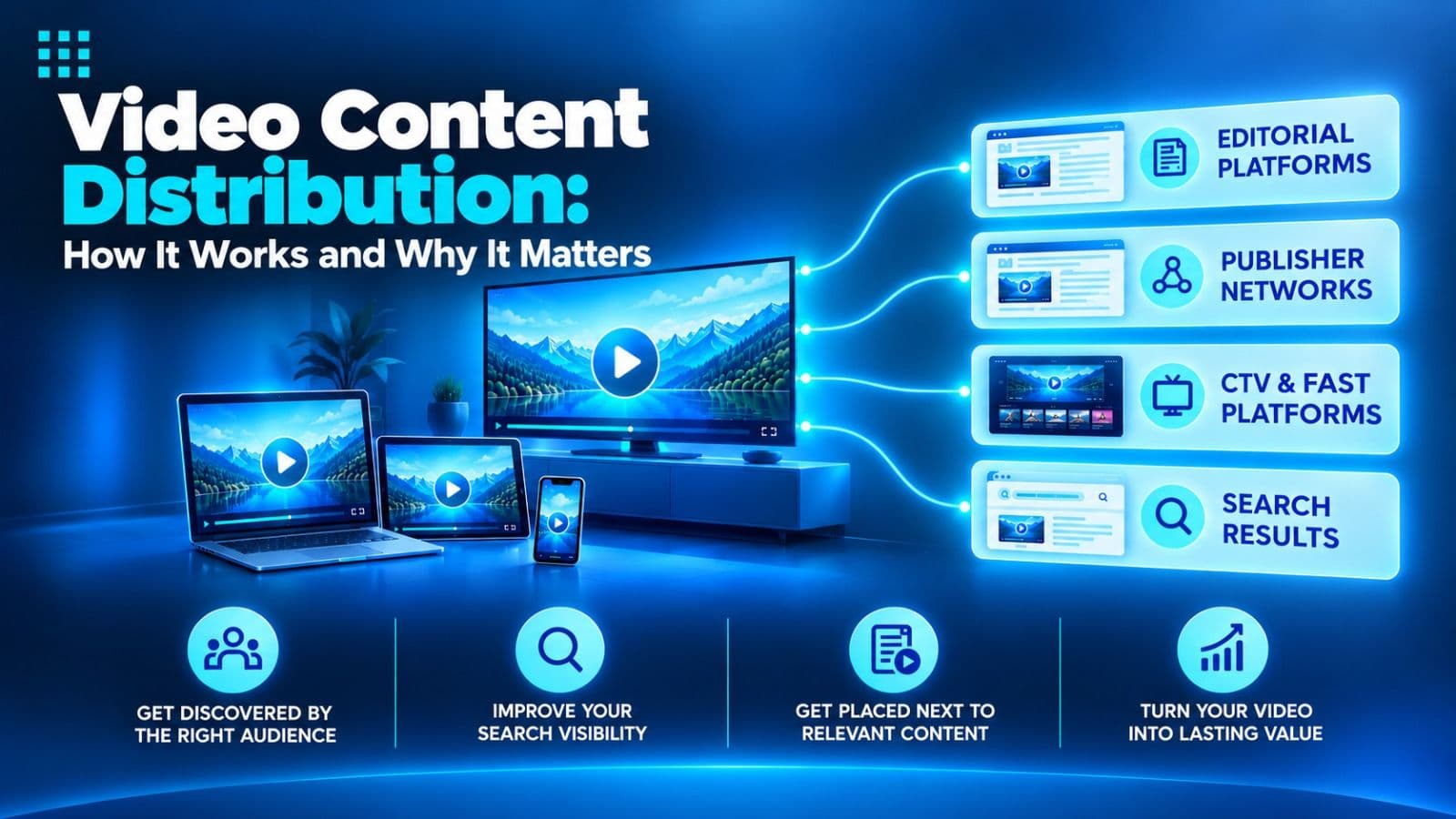Diagram of video content distribution showing one video flowing from a publisher to editorial sites, CTV channels, and publisher networks, each reaching a different audience.