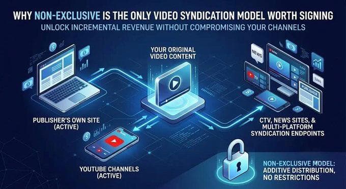 Diagram of a single video clip distributing to multiple platforms — the publisher's own site, YouTube, CTV, and syndication endpoints — with all original channels staying active, illustrating non-exclusive video syndication.