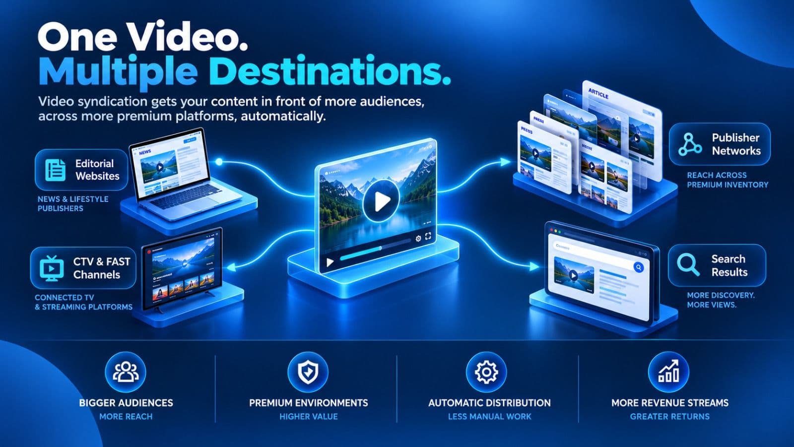 Guide to video monetization for publishers, showing one video earning through shared ad revenue, per-view payouts, and time-based payouts across editorial, CTV, and publisher networks.