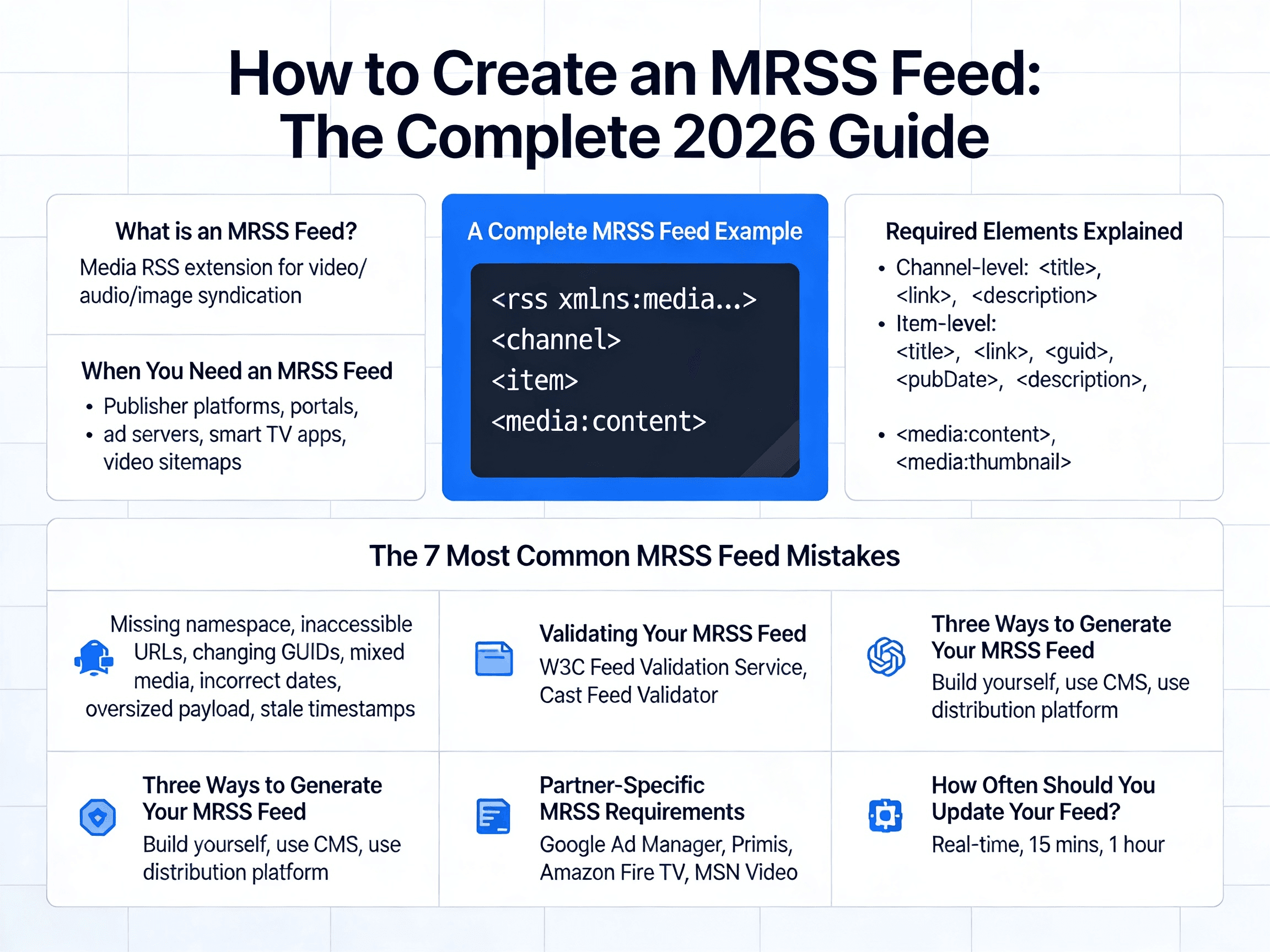 MRSS feed XML example showing media:content, media:thumbnail, and required elements for video syndication