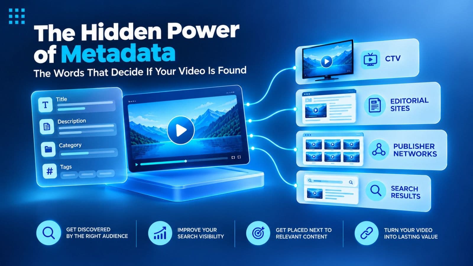 Illustration of a video file with its metadata fields, title, description, category, and tags, highlighted, connecting it to relevant articles and search results, showing how metadata drives video discoverability.
