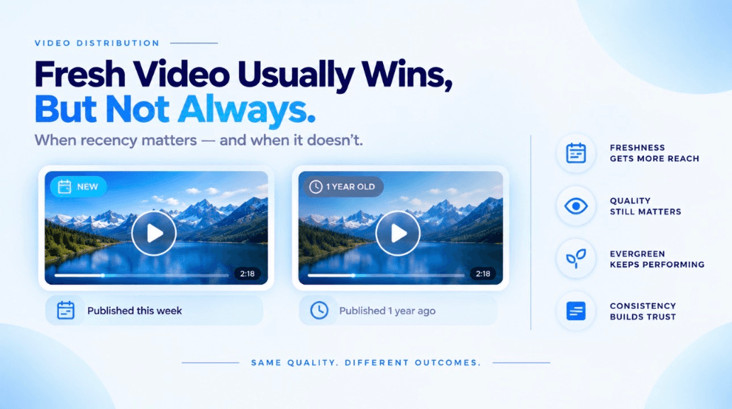 Illustration comparing a fresh timely video rising in an editorial playlist against an older evergreen how-to video that stays steadily relevant, showing that recency matters for timely content while evergreen content keeps its value.