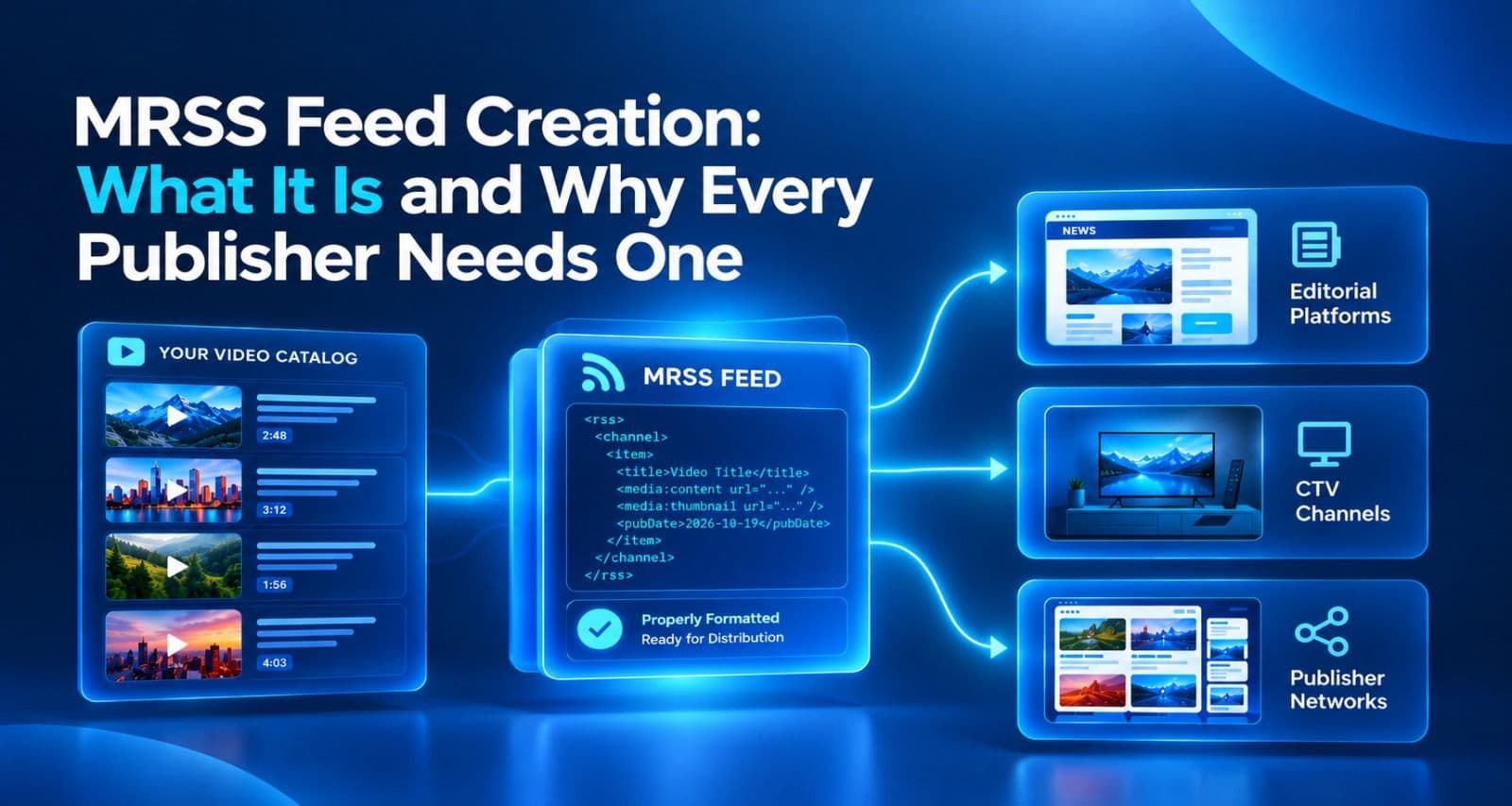 MRSS feed creation explained, showing a publisher’s video catalog turned into a properly formatted MRSS feed and distributed automatically to editorial, CTV, and publisher platforms.